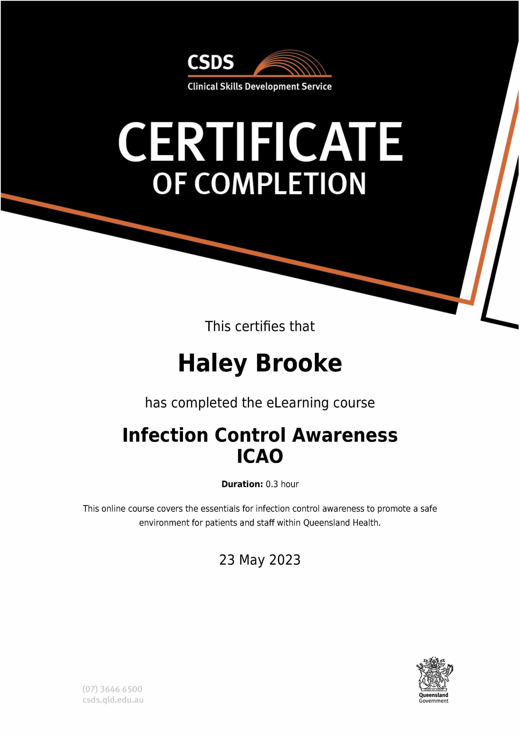 infection control certificate haley brooke