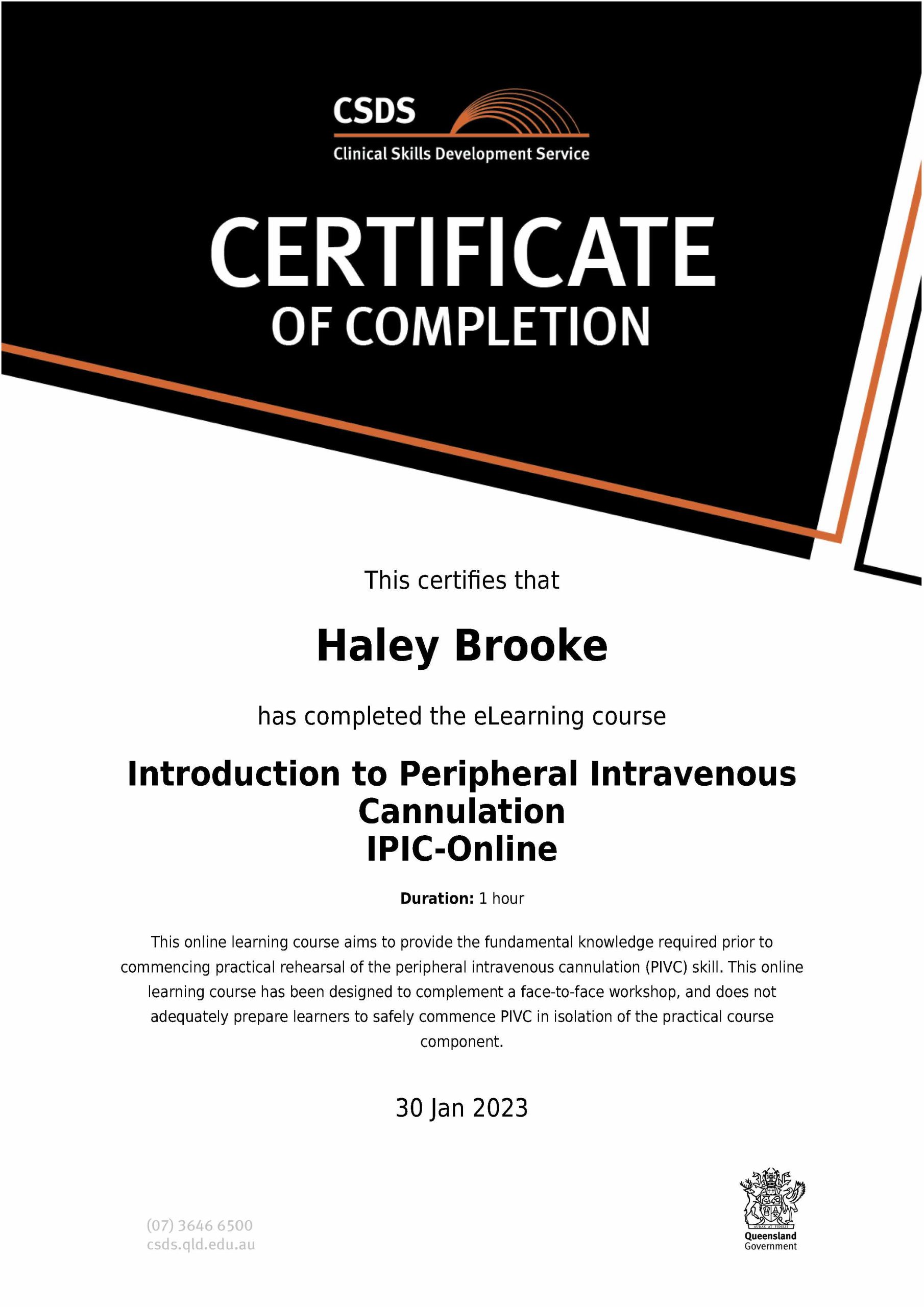 introduction to peripheral intraveous cannulation certificate haley brooke